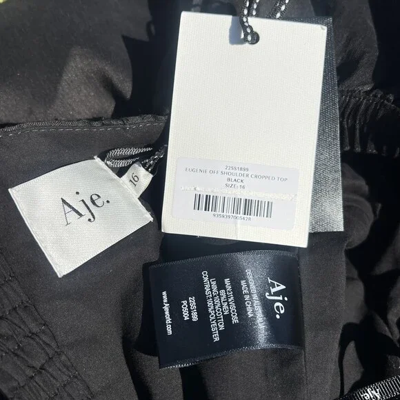 Aje Eugene Off The Shoulder Crop Top Black Puff Sleeves Size 16 US 12 Large NWT - Picture 4 of 8